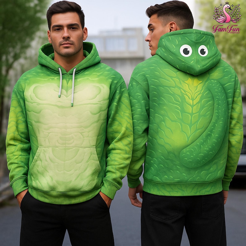 A man wearing a green hoodie with a unique design resembling a snake or alligator.
