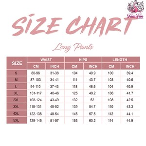 The image is a size chart for long pants, providing measurements for different waist, hip, and leg sizes.