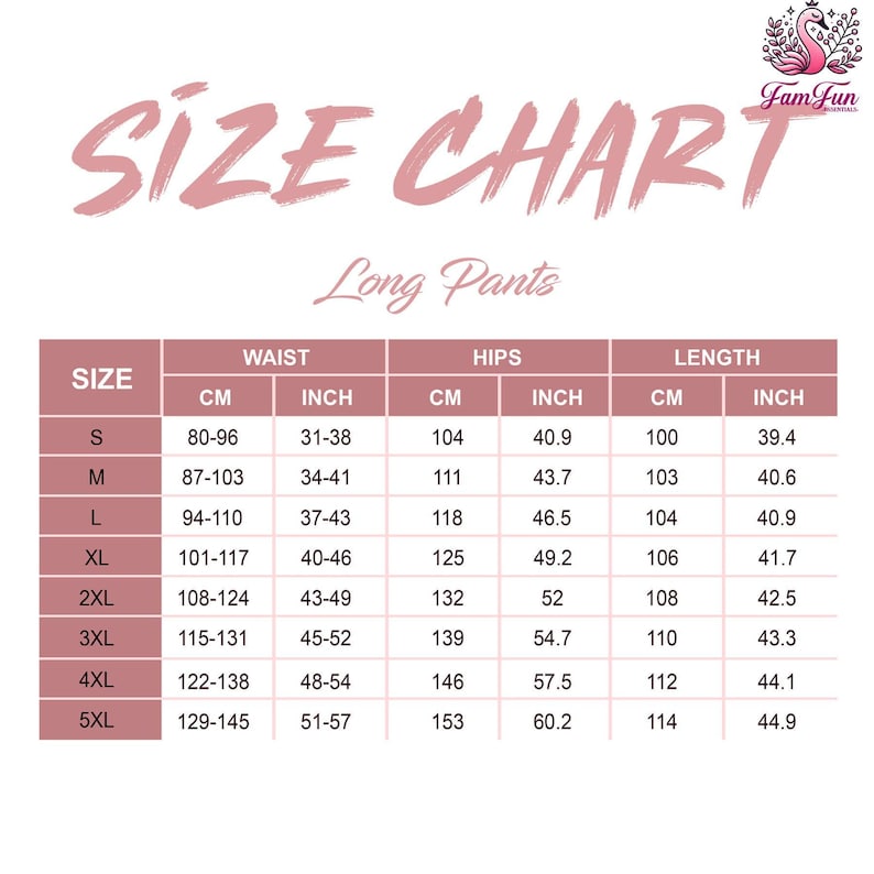 The image is a size chart for long pants, providing measurements for different waist, hip, and leg sizes.