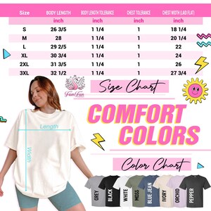 The image is a size chart for a t-shirt, featuring a woman posing in front of a color chart with various t-shirt designs.