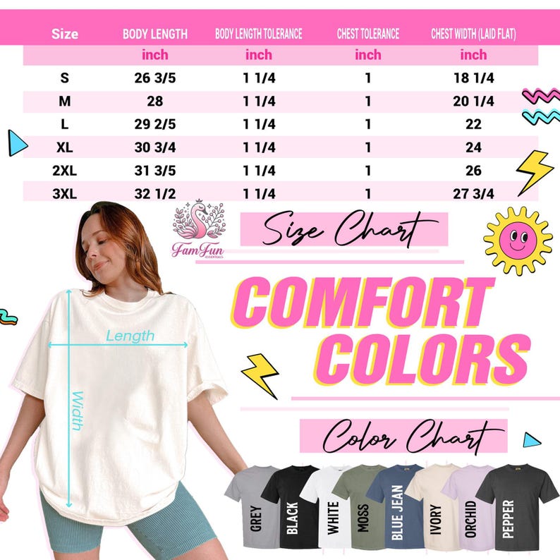 The image is a size chart for a t-shirt, featuring a woman posing in front of a color chart with various t-shirt designs.