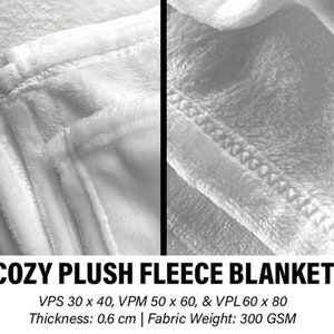 May include: Close-up of a white, plush fleece blanket with stitched edges. The text "COZY PLUSH FLEECE BLANKET" is displayed. The blanket is available in various sizes, including 30 x 40 inches, and has a thickness of 0.6 cm.