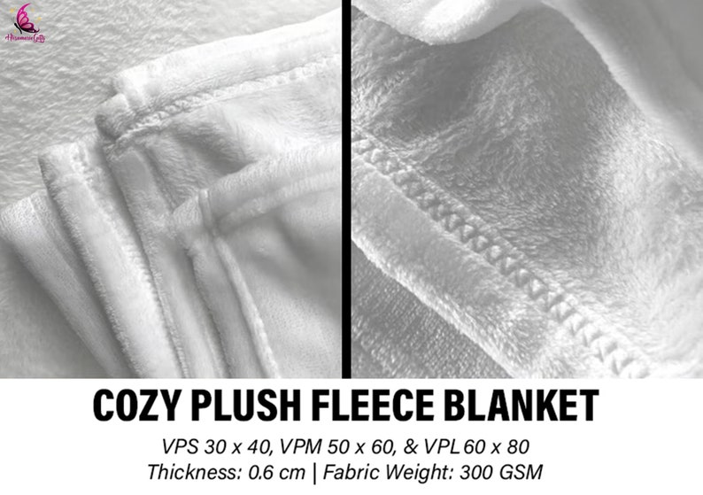 May include: Close-up of a white, plush fleece blanket with stitched edges. The text "COZY PLUSH FLEECE BLANKET" is displayed. The blanket is available in various sizes, including 30 x 40 inches, and has a thickness of 0.6 cm.