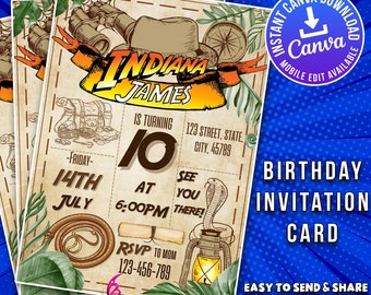 Indiana Jones and the Dial of Destiny Birthday Invitation Card, Indiana Jones Birthday E-Invite Editable, Birthday Invitation Template Canva