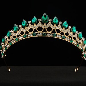 Emerald Green Crystal Tiara – Gold Rhinestone Princess Crown  display picture 1