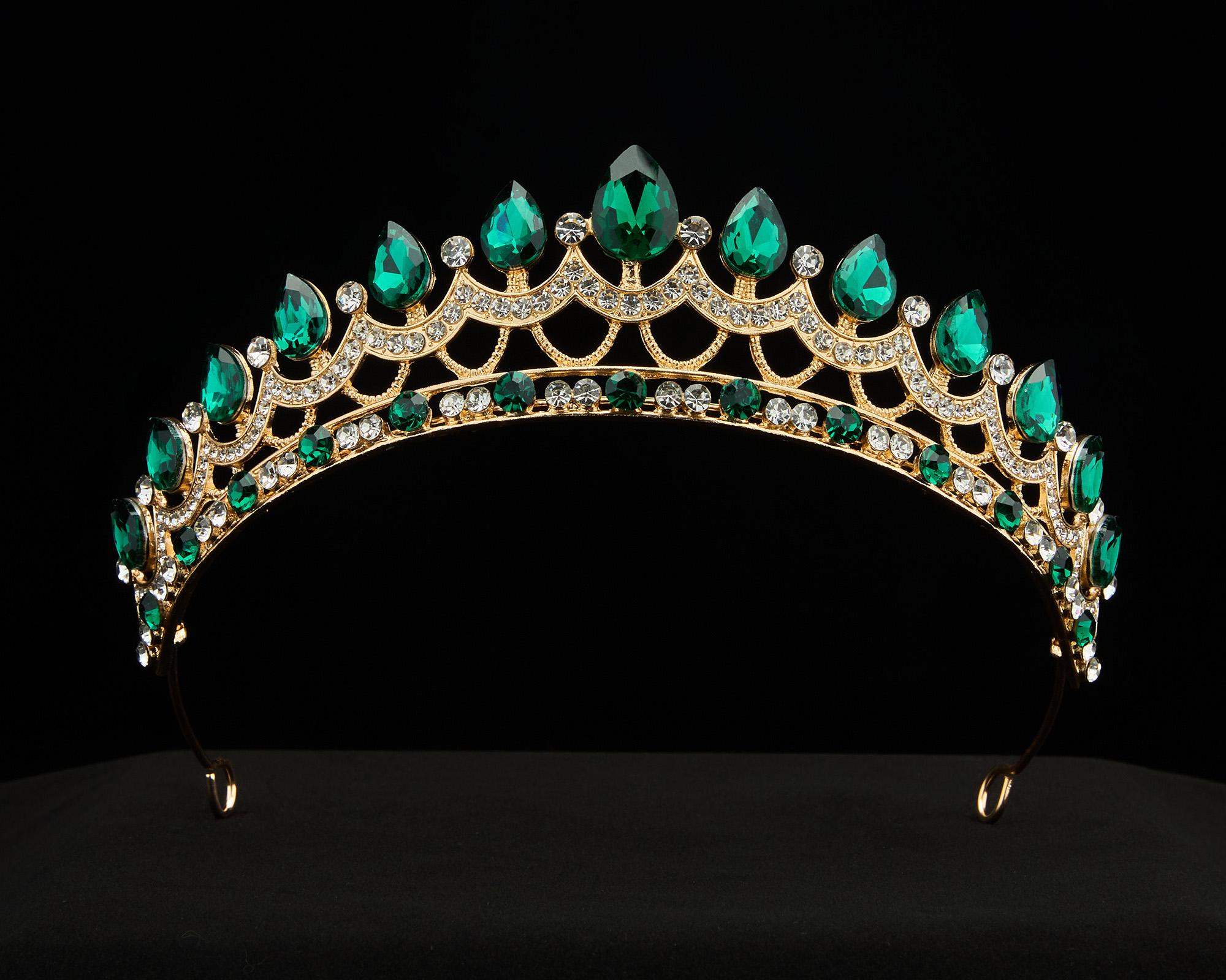 Emerald Green Crystal Tiara – Gold Rhinestone Princess Crown  display picture 3