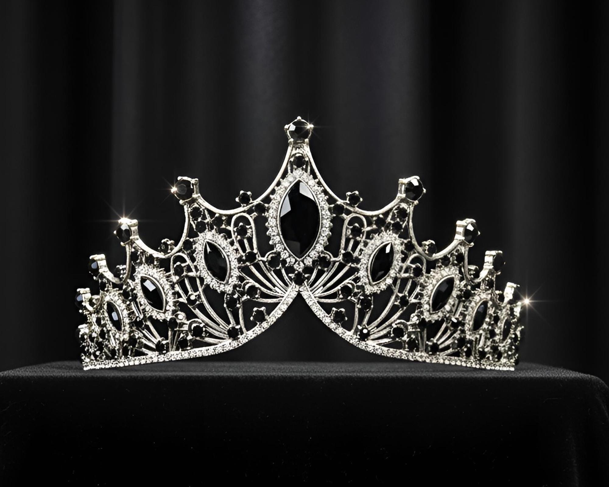 Black Crystal Gothic Queen Tiara – Silver Rhinestone 