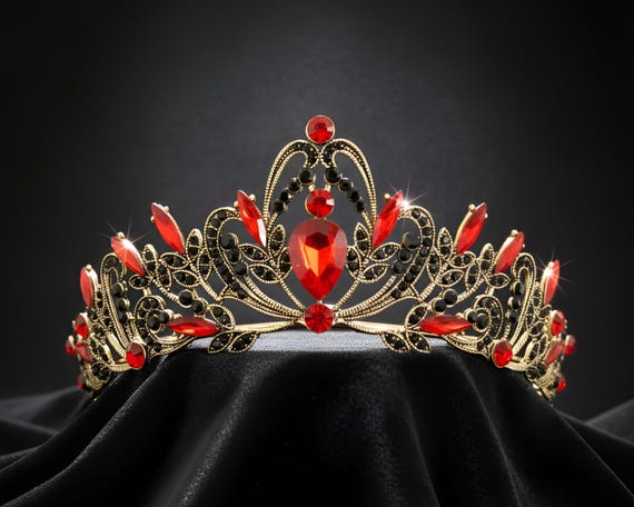Gold Crystal Crown Tiara – Rhinestone Bridal Headpiece, Red  display picture 2