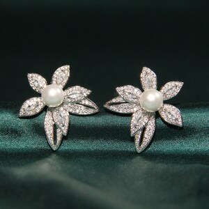 Leaves-Shaped Pearl Wedding Earrings • CZ Pearl Studs • Elegant Bridal Jewelry • Earrings Pearl Gold • Earrings With Pearls • Gift for Her