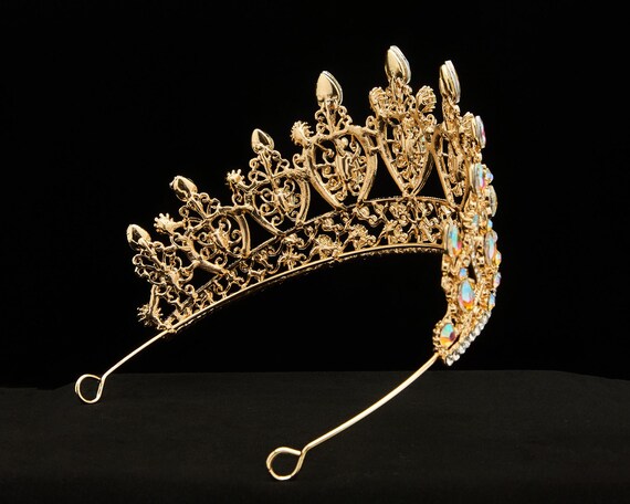 Gold Crystal Tiara Crown with Iridescent Stones Gold Royal Queen Crown: AB Crystal Rhinestone Wedding  main image 2