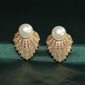 Shell-Shaped Pearl Wedding Earrings • CZ Pearl Studs • Elegant Bridal Jewelry • Earrings Pearl Gold • Earrings With Pearls • Gift for Her