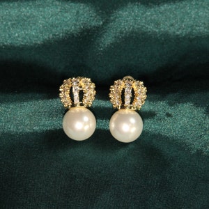 Gold Crown Pearl Earrings Wedding Earrings • Earrings Pearl • CZ Pearl Studs • Elegant Bridal Jewelry • Earrings With Pearls • Gift for Her