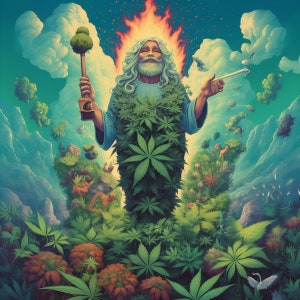 May include: A digital painting of a man with long hair and a beard, surrounded by green plants. He is wearing a robe made of leaves and holding a large leaf in his hand. The background is a blue sky with clouds.