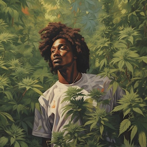 Op de afbeelding: Een portret van een persoon met dreadlocks die in een veld met groene planten staat. De persoon draagt een wit T-shirt en kijkt naar de zijkant.