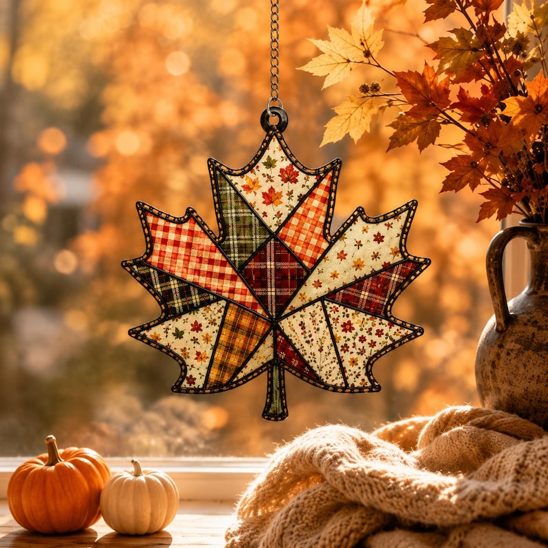 Peut inclure: Une d&eacute;coration suspendue en forme de feuille d'&eacute;rable avec un motif patchwork compos&eacute; de tissus aux tons automnaux rouge, orange, vert et jaune. La feuille est bord&eacute;e de noir et suspendue par une fine cha&icirc;ne m&eacute;tallique sur un fond flou.