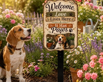 Personalized Welcome Love Lives Here Metal Yard Stake, Custom Pet Photo Welcome Outdoor Metal Garden Art, Dog Garden Sign