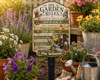 Estaca metálica personalizada con las reglas de nuestro jardín, cartel de bienvenida para jardín exterior con foto personalizada del jardinero, letrero para casa de plantación.