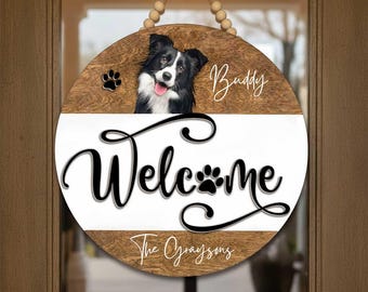 Personalized Welcome Dog Door Hanger, Custom Name Dog Cat Gift, Custom Pet Photo Wood Door Sign, Pet Lover Front Door Decor