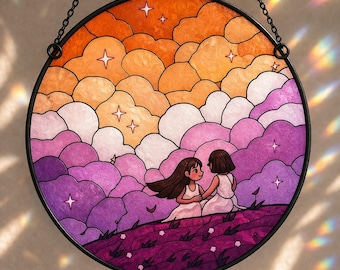 Attrape-soleil en vitrail de drapeau de fierté lesbienne, signe d'art d'amour de fierté, accrochage de fenêtre de couple de lesbiennes