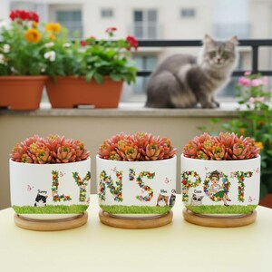 Maceta personalizada con nombre y letras de hierba, maceta de cerámica personalizada con drenaje para gato y dueño, maceta blanca con bandeja de bambú, regalo para amantes de los gatos.