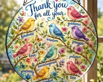 Attrape-soleil en vitrail Merci pour toutes vos bonnes choses, enseigne en verre représentant une fleur et un oiseau, soutien pour l'accrochage de la fenêtre