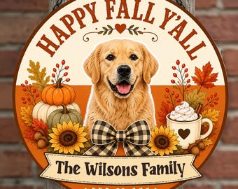 Personalized Happy Fall Y'all Dog Door Hanger, Custom Pet Photo Welcome Wooden Hanger, Dog Autumn House Sign, Pet Front Door Decor