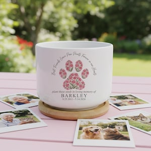 Maceta personalizada con forma de huella de mascota y clavel rosa, maceta de cerámica con drenaje "Los mejores amigos dejan huellas en nuestro corazón", maceta para recordar a tu mascota fallecida.