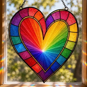 Peut inclure: Un cœur en vitrail aux couleurs de l'arc-en-ciel. Le cœur est divisé en sections rouge, orange, jaune, vert, bleu et violet. Le centre présente un motif en forme d'éclat de soleil. Bordure noire et liseré doré.