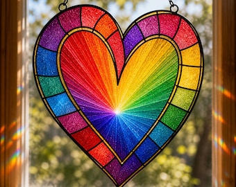 Attrape-soleil personnalisé en vitrail coeur arc-en-ciel, panneau acrylique Pride Love, décoration de fenêtre coeur coloré, cadeau LGBTQ