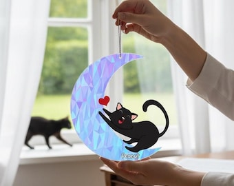 Personalized Lazy Cat On the Moon Suncatcher Stained Glass Sign, Custom Name Cat Gift, Custom Cat Window Hanging, Cat Lover Front Door Decor