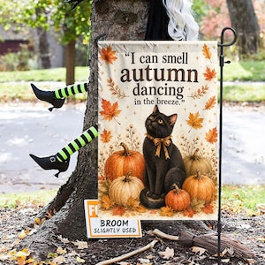 I Can Smell Autumn Dancing Garden Flag, Cute Black Cat & Pumpkins Outdoor Yard Art, Cute Black Cat Witch Outdoor Yard Banner