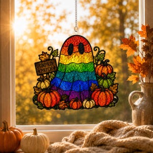 Atrapasueños de fantasmas arcoíris, adorno para ventana de Halloween con diseño de calabazas, decoración otoñal de fantasmas, atrapasueños de calabazas de vidrieras, regalo de temporada espeluznante