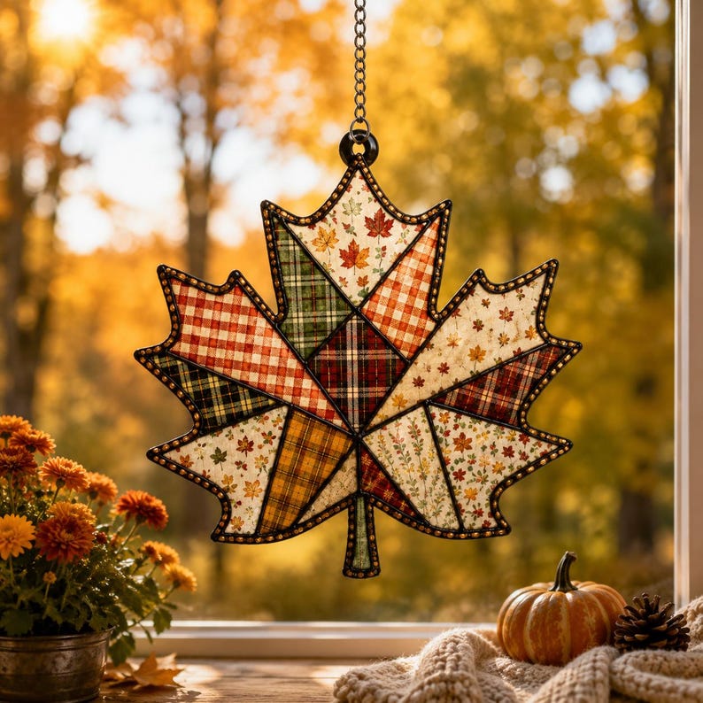 Peut inclure: Une d&eacute;coration suspendue en forme de feuille d'&eacute;rable compos&eacute;e d'un assemblage de tissus aux motifs automnaux, incluant des carreaux, du vichy et des imprim&eacute;s de petites feuilles, le tout encadr&eacute; de m&eacute;tal sombre et suspendu par une cha&icirc;ne argent&eacute;e.