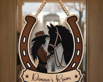 Personalized Cowgirl Room Door Hanger, Custom Name Horseshoe Gift, Cowgirl Wood Door Sign, Horse Lover Front Door Decor