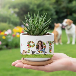 Puede incluir: Una maceta de cerámica blanca con la palabra "POT" escrita con flores de colores. La maceta presenta una ilustración de dibujos animados de una persona y mascotas. Una planta suculenta está dentro de la maceta.