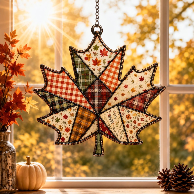 Peut inclure: Une d&eacute;coration suspendue en forme de feuille d'&eacute;rable compos&eacute;e d'un assemblage de tissus aux motifs automnaux, incluant des carreaux, des vichys et des fleurs dans des tons orange, rouge, vert et cr&egrave;me, entour&eacute;e d'un cadre en m&eacute;tal sombre.