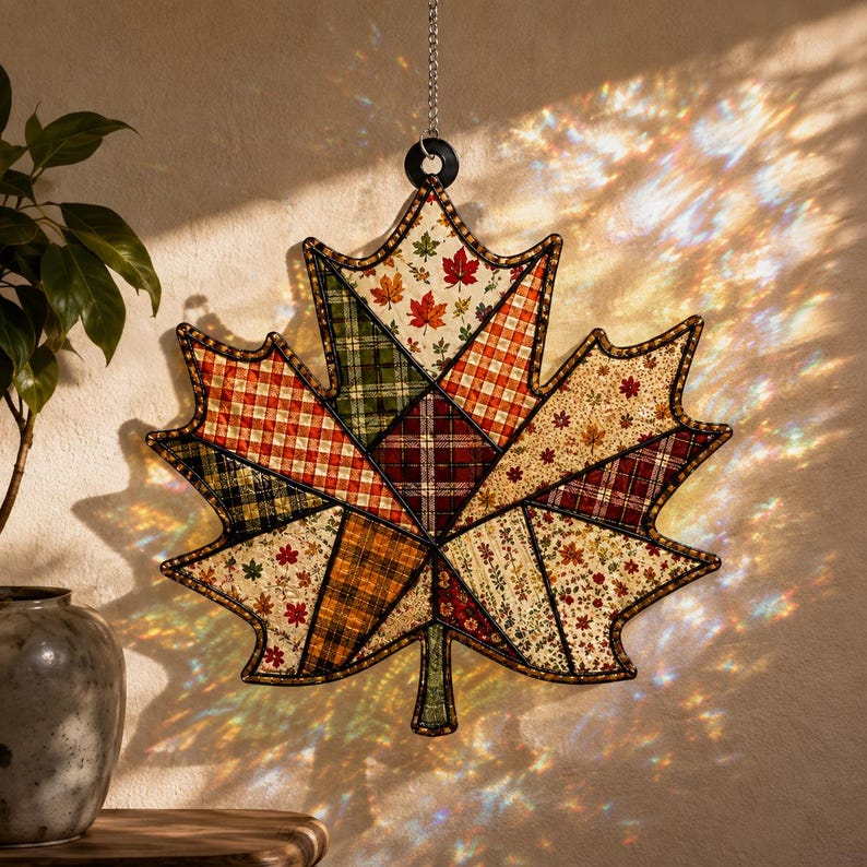 Peut inclure: Un attrape-soleil en forme de feuille d'&eacute;rable suspendu, compos&eacute; d'un patchwork de tissus aux motifs automnaux dans des tons de rouge, orange, jaune, vert et marron. La feuille est bord&eacute;e d'un cadre sombre et suspendue par une cha&icirc;ne argent&eacute;e.