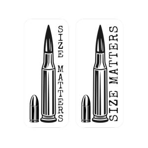 Puede incluir: Dos ilustraciones en blanco y negro de balas con el texto "SIZE MATTERS" a la derecha y "SIZE MATTERS" a la izquierda.