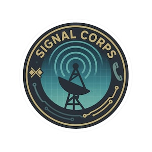May include: A circular sticker with the text "SIGNAL CORPS" around the edge. The design includes a satellite dish, a telephone symbol, and a grid pattern, using navy, teal, and gold colours.