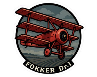 May include: A sticker featuring a red Fokker Dr.I triplane aircraft, with black Iron Cross markings, set against a circular backdrop of a cloudy sky and a field. The text "FOKKER Dr.I" is displayed below the plane.