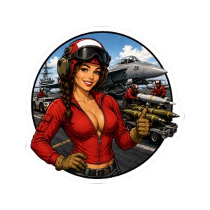 May include: A circular sticker featuring a smiling individual in a red flight jacket, helmet, and goggles, giving a thumbs up. In the background, a gray fighter jet sits on an aircraft carrier deck with crew members loading missiles onto a cart.
