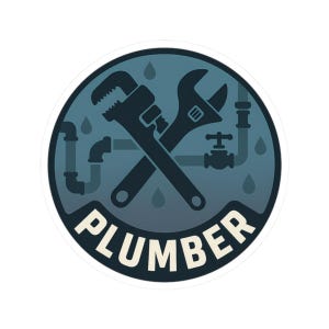 May include: A round sticker featuring a plumber's logo. The design includes crossed wrenches, plumbing pipes, water droplets, and the word "PLUMBER" in white letters. The background is a gradient of blue and teal.
