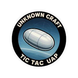 May include: A circular sticker with the text "UNKNOWN CRAFT" and "TIC TAC UAP" in white. The sticker features a silver, capsule-shaped object in the center, set against a blue background with a target graphic.