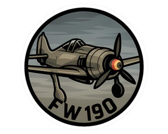 May include: A circular sticker featuring a stylized illustration of an FW 190 aircraft in shades of gray, with a black propeller and the text "FW 190" in bold black letters. The background depicts a cloudy sky.