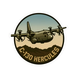 Puede incluir: Una pegatina con una ilustración estilizada de un avión C-130 Hércules. El avión está representado en un color verde apagado, sobre un fondo de una cordillera y un cielo degradado. El texto "C-130 HERCULES" se muestra de forma destacada.