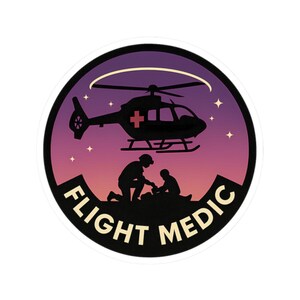 May include: A round sticker featuring a silhouette of a helicopter with a red cross, above two figures tending to a patient. The background is a gradient of purple and pink with stars. The words "FLIGHT MEDIC" are in white.