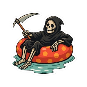 Op de afbeelding: Een cartoon illustratie van de Grim Reaper in een zwarte jurk, zittend in een rode en oranje opblaasbare zwemband. De Grim Reaper houdt een zeis vast. De zwemband ligt in een zwembad met blauw water.