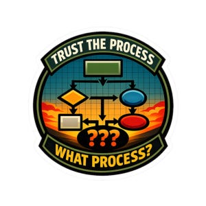 May include: A round sticker with a diagram and the text "TRUST THE PROCESS" and "WHAT PROCESS?". The diagram includes a green rectangle, yellow diamond, blue oval, and red oval, connected by black arrows. The background is a sunset.
