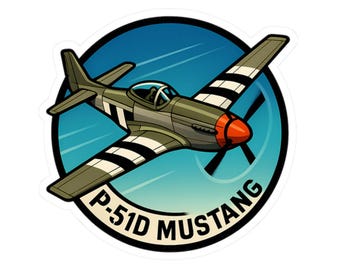 May include: A sticker featuring a cartoon illustration of a P-51D Mustang airplane. The aircraft is olive green with black and white stripes on the wings and a red propeller. The plane is set against a blue and teal background, with the words "P-51D MUSTANG" in white.