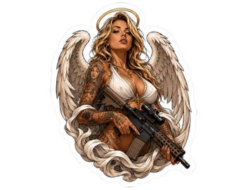 Naklejka z taktycznym aniołem, naklejka z pistoletem pin-up, prezent dla posiadacza karabinu, naklejka na chłodziarkę na laptopa, prezent dla strzelca taktycznego